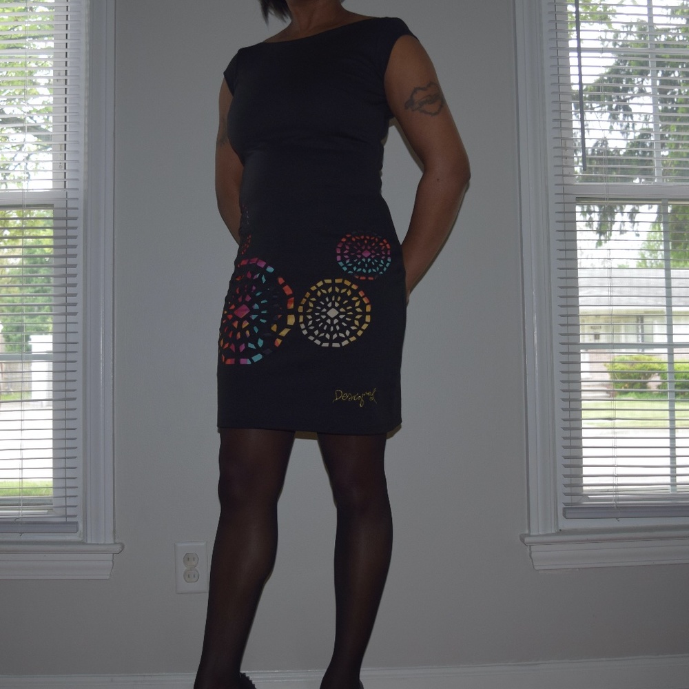 Desigual Women's Black Olympic Knitted Dress Short Sleeve Size M